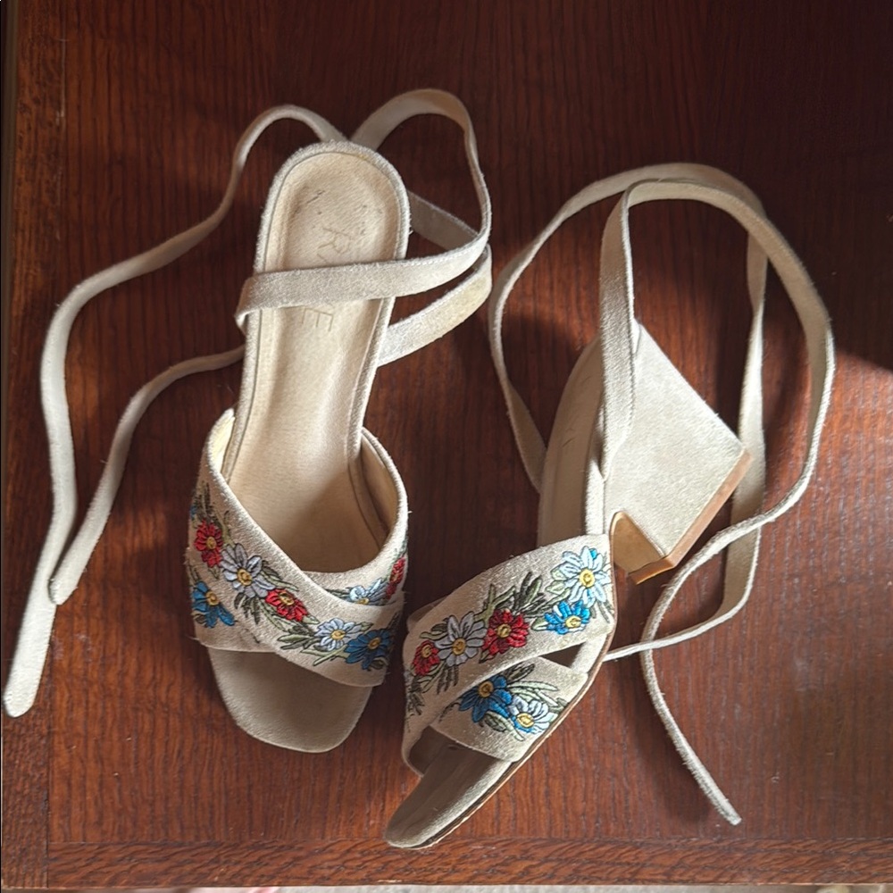 RAYE Floral Embroidered Tan Wedge Heel Sandals with Ankle Tie Straps